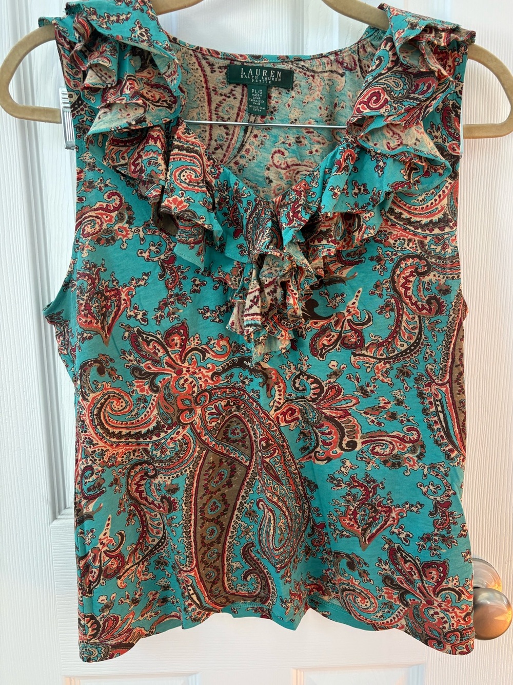 Ralph Lauren Teal Paisley Ruffle Sleeveless Shirt PL | See Matching Skirt PM